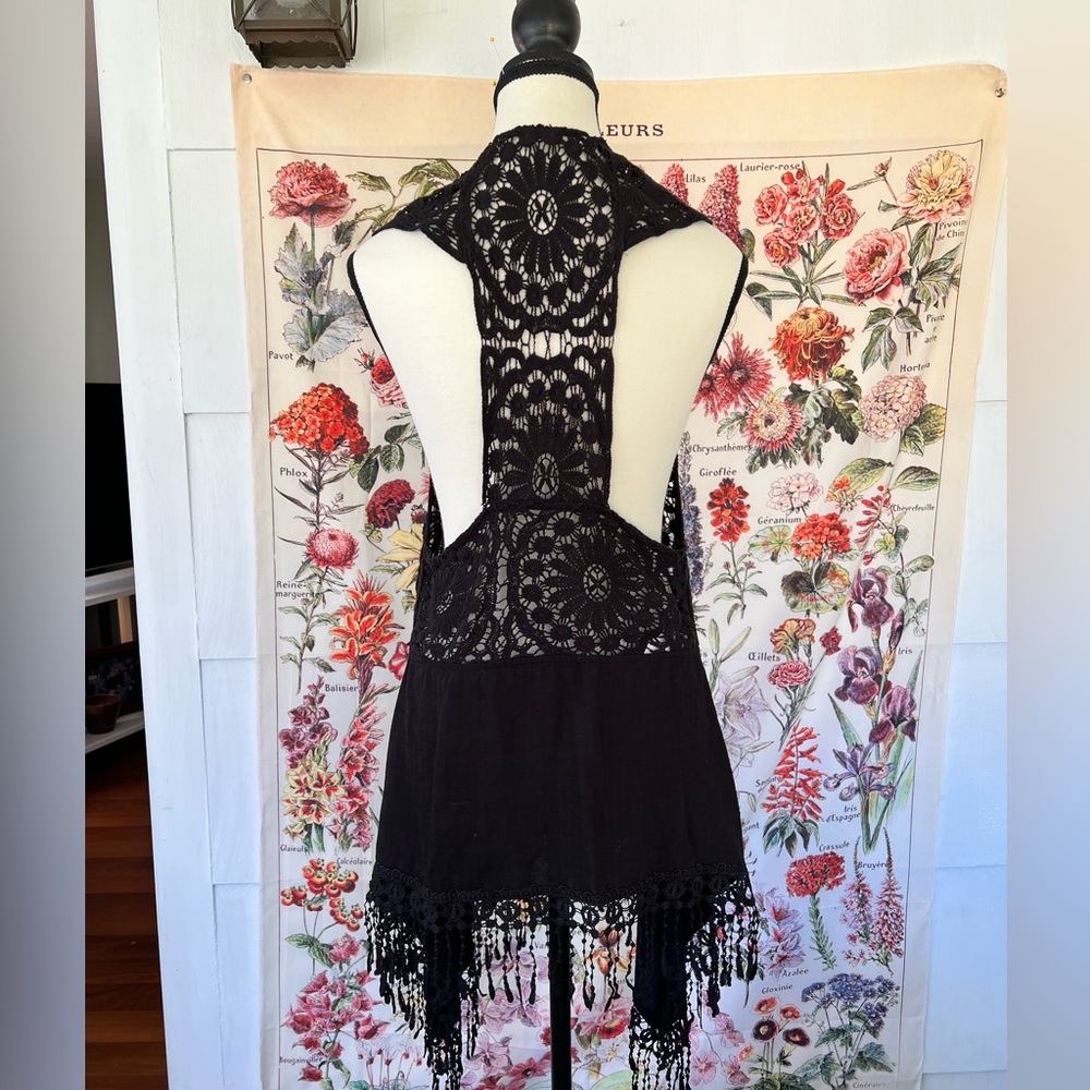 Embroidered lace black open vest with fringe. Made by Fashion on Earth.